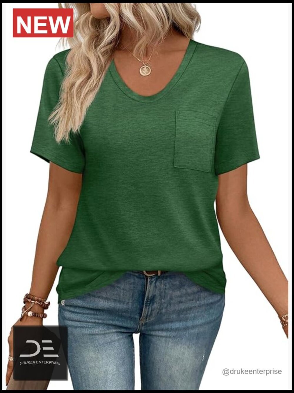 Women Summer T-Shirt Short Sleeve V Neck Pocket Tee